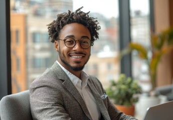 Fototapeta premium Smiling professional in a business-casual setting.