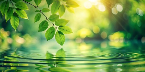 Naklejka premium Elegant vintage-style green leaves float serenely on a water surface, mesmerizing ripples creating a tranquil ambiance, perfect for showcasing your product’s natural essence.
