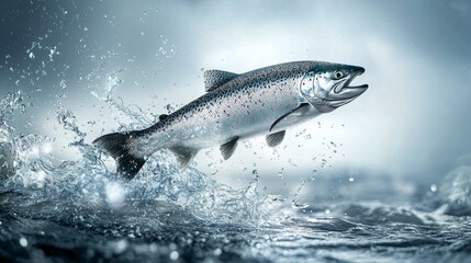 Obraz premium salmon fish jumping with splashing in water