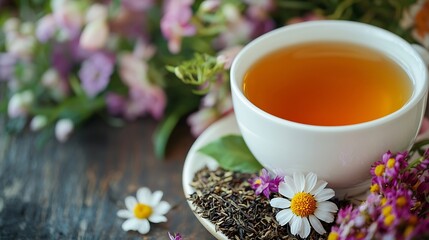 Herbal green tea in white cup with dry tea and fresh flowers Copy space : Generative AI