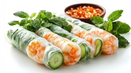Fresh spring rolls with cucumbers green onion mint coriander and crab shrimp meat on a white background : Generative AI