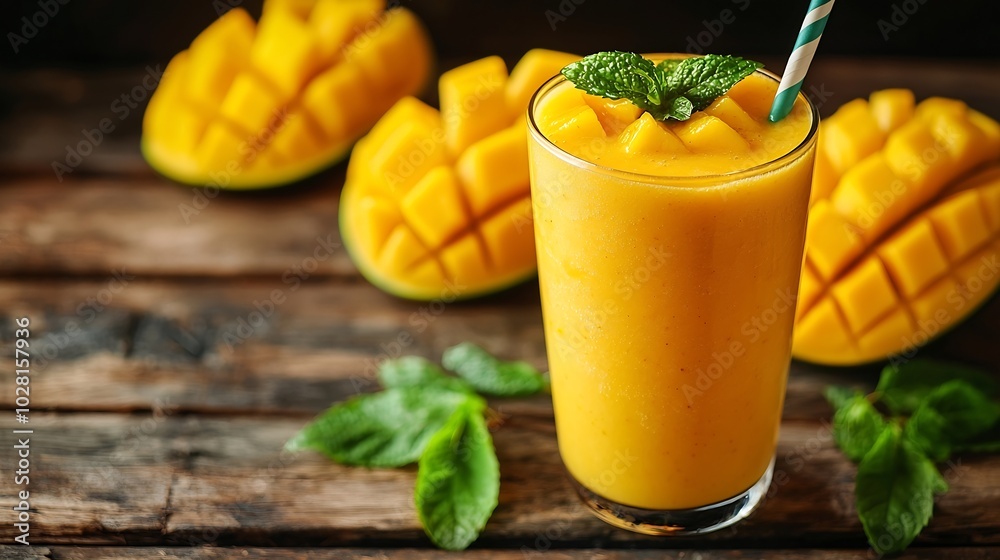 Poster mango juice smoothie and mango fruit on a wooden background : generative ai