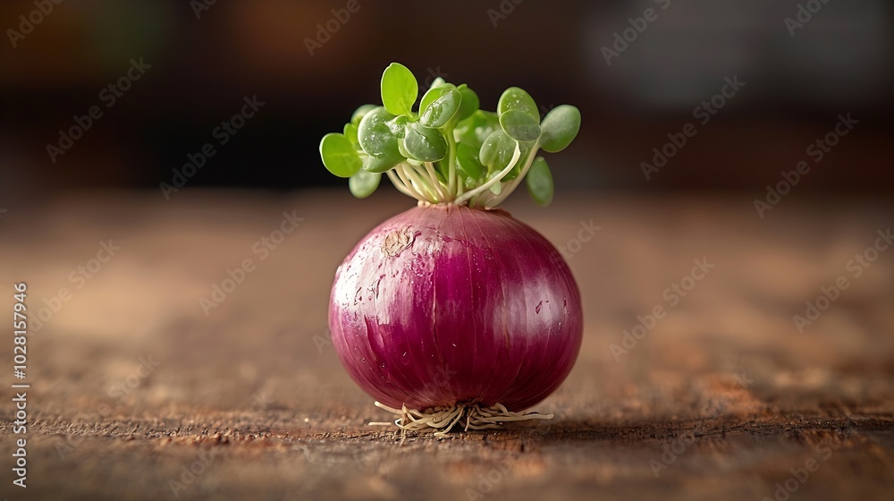 Poster red onion with fresh green sprouts on wooden background : generative ai