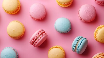 Fototapeta premium Macaroons dessert on pink pastel background Flat lay composition Top view : Generative AI