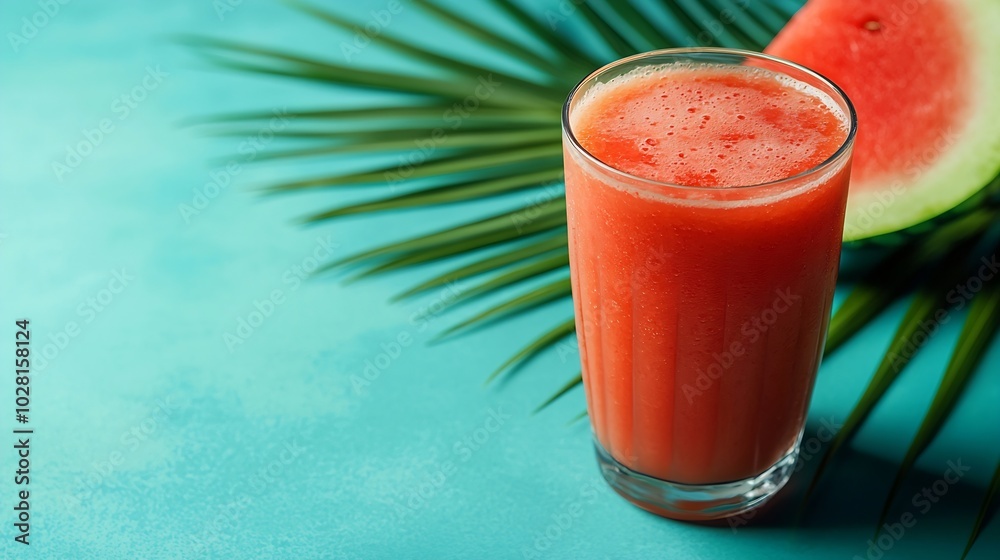 Aufkleber watermelon smoothie fresh juice on blue background with palm leaf top view : generative ai