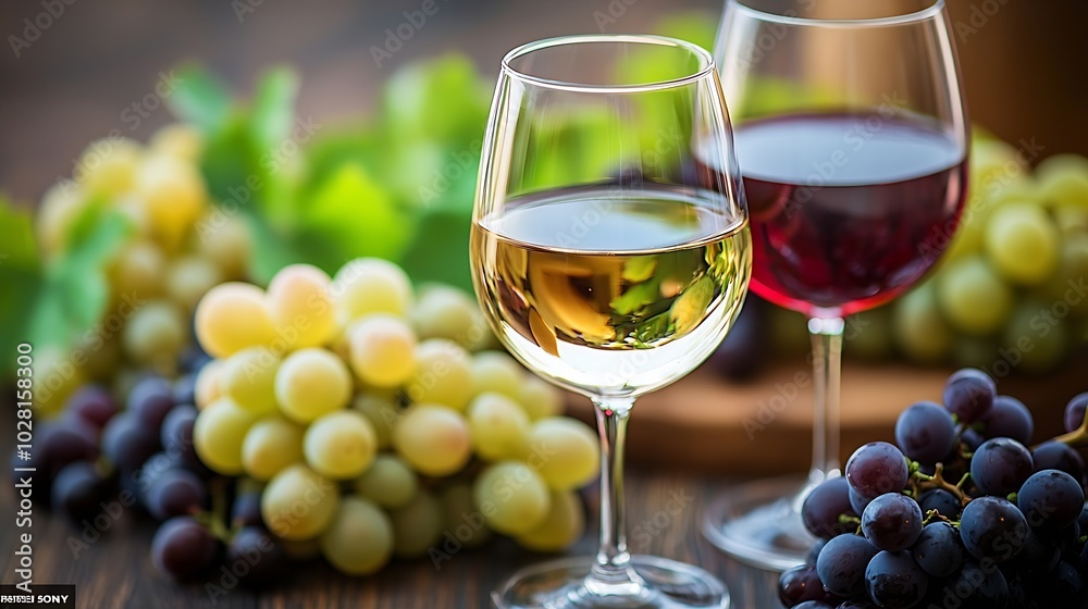 Poster glass of red and white wine with fresh grape assortment on wooden table close up : generative ai