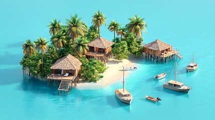 Fototapeta premium Tropical Island Paradise with Overwater Bungalows and Boats