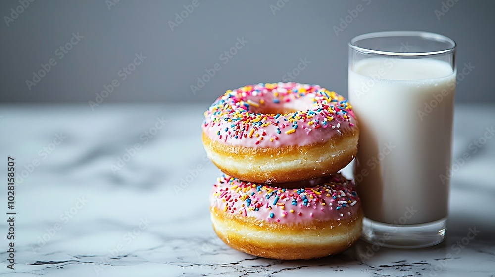Poster Donuts with glass of milk on marble table Grey background Copy space : Generative AI