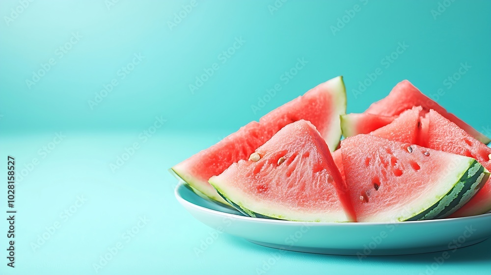 Poster watermelon slices on a white plate blue background top view copy space : generative ai