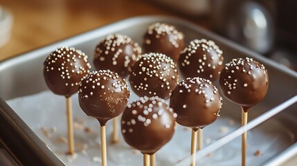 Chocolate cake pops in a baking tray mold dish on a white background Process of cooking and decorating : Generative AI