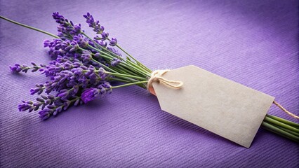 A delicate bouquet of lavender blossoms tied with twine and a blank tag, a simple yet elegant arrangement on a textured purple surface.