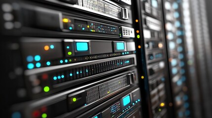 Naklejka premium Servers in a Data Center, Closeup View