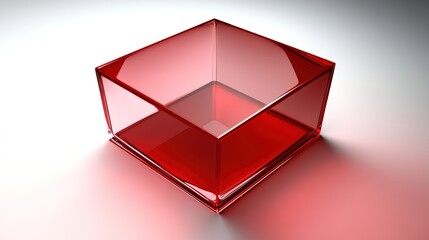 3D red glass box rendered with sleek, transparent material and a glossy surface, creating a modern and futuristic design. The glassy texture reflects light beautifully, enhancing the vibrant re