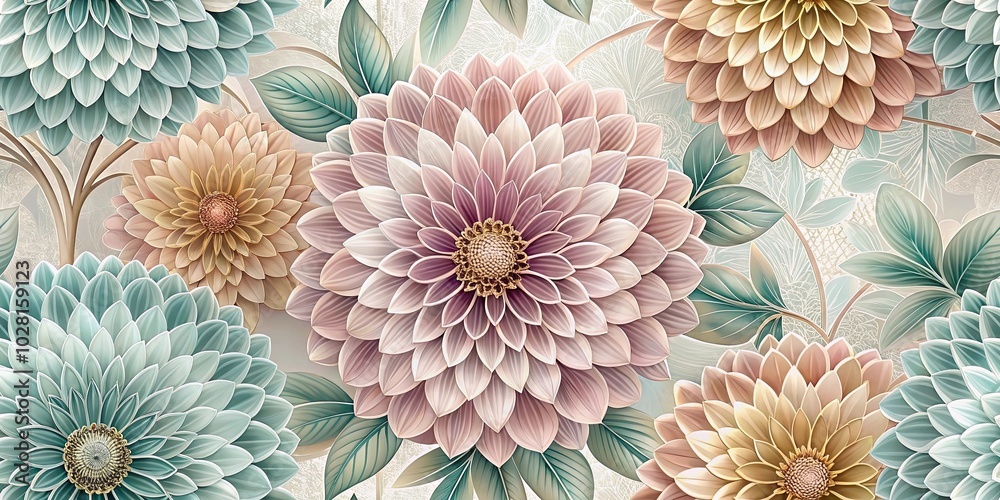 Canvas Prints A vibrant bloom of pastel-hued flowers with intricate details, captivating with their layered petals and delicate leaves, creating a serene and elegant floral symphony.