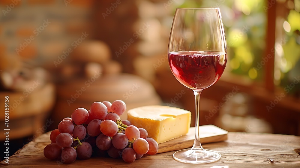 Poster glass of red wine with fresh grape and cheese on wooden table : generative ai