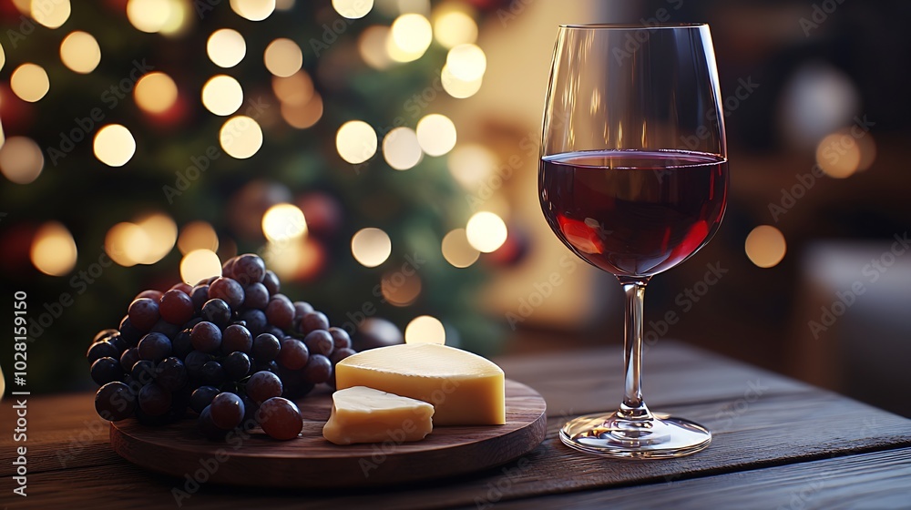 Poster glass of red wine with fresh grape and cheese on wooden table copy space : generative ai