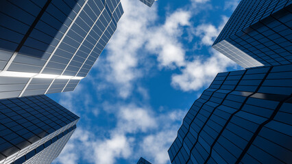 Skyscrapers against a blue sky with clouds. Scene without people. Fashion Urban architecture style. Three-dimensional illustration