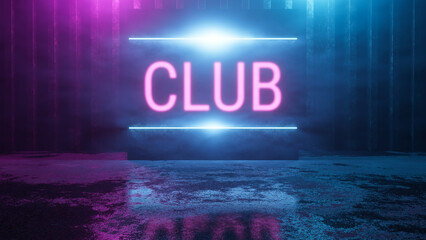 Neon Club sign on an old concrete wall illuminated by flashing lights in smoke. Nightlife scene without people. 80s old style. Three-dimensional illustration