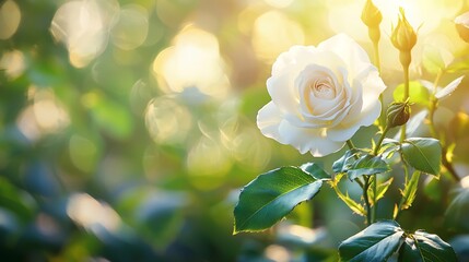 White rose in the sunlight Summer outdoor background Close up : Generative AI