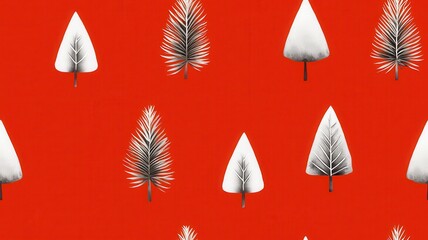 A vibrant red background features stylized white trees arranged in a patterned design, creating a festive and modern aesthetic.