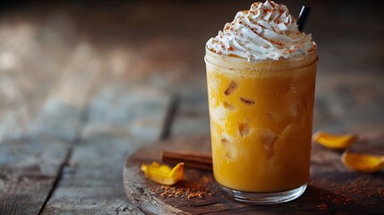 Pumpkin smoothie spice latte Boozy cocktail with whipped cream Wooden background Close up : Generative AI