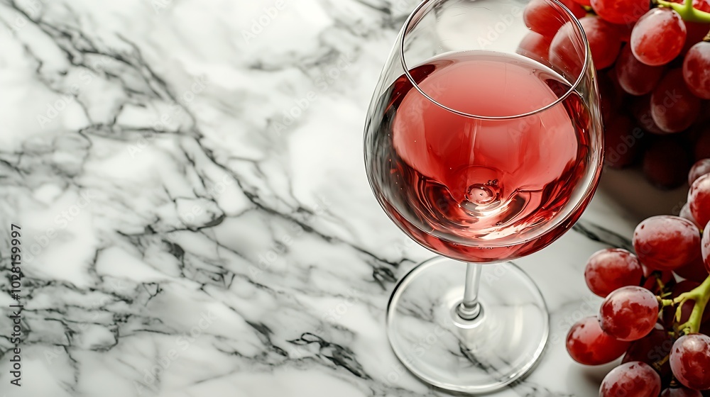Poster Red wine in glass with fresh grape on marble table background Top view : Generative AI