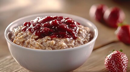 Oatmeal porridge with butter and strawberry jam in white bowl Grey background Close up : Generative AI