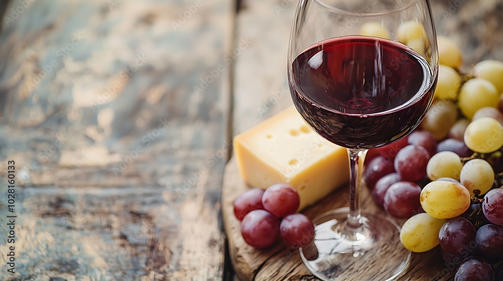 Poster glass of red wine with fresh grape and cheese on wooden table copy space : generative ai