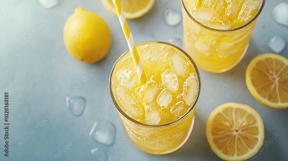 Leinwandbilder Lemon ice tea lemonade Grey background Copy space Top view : Generative AI