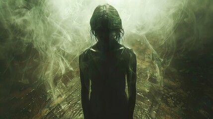 Fototapeta premium Mysterious Figure in Fog: A Dreamlike Silhouette