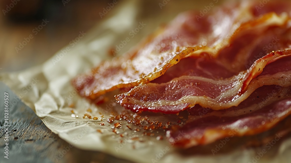 Poster Raw bacon slices on parchment paper Grey slate background Close up : Generative AI