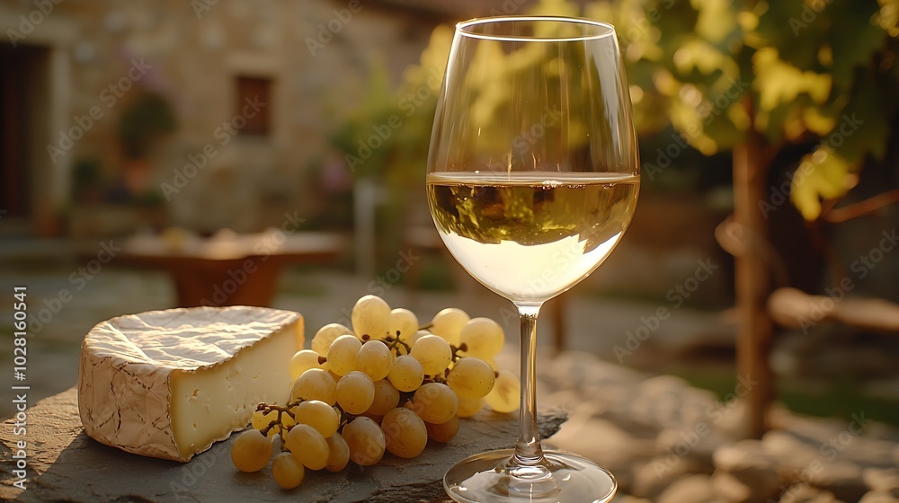 Poster Glass of white wine and assorted cheese with grape on a stone and slate background : Generative AI