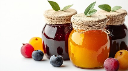 Glass jars with homemade jam Preserved fruits on white background Copy space : Generative AI