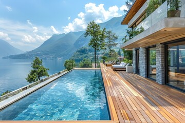 Fototapeta premium Beautiful modern villa with a wooden terrace and swimming pool in the garden, offering a panoramic view of Lake Como, Italy.