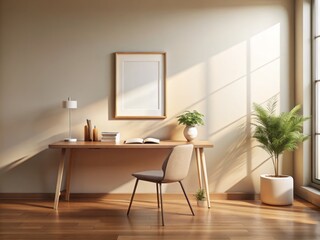 Minimalist Modern Study with Empty Frame on Soft Colored Wall - Stunning 3D Rendering for Interior Design Inspiration