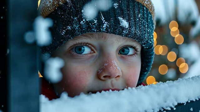 happy young boy smiling at snowy outdoor with red nose and red cheek 