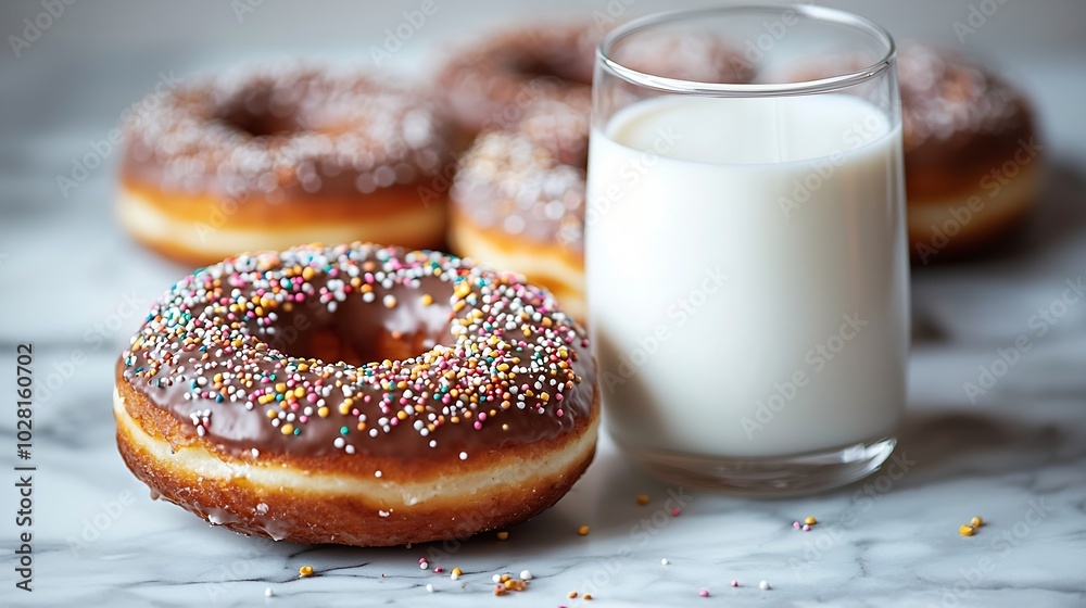 Poster Donuts with glass of milk on marble table Grey background Copy space : Generative AI