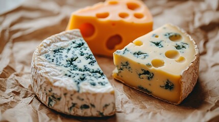Cheese assortment blue cheese hard cheese soft cheese on a parchment paper Wooden background : Generative AI