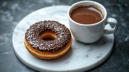Coffee in a white cup with chcolate donut on marble board Top view Copy space : Generative AI