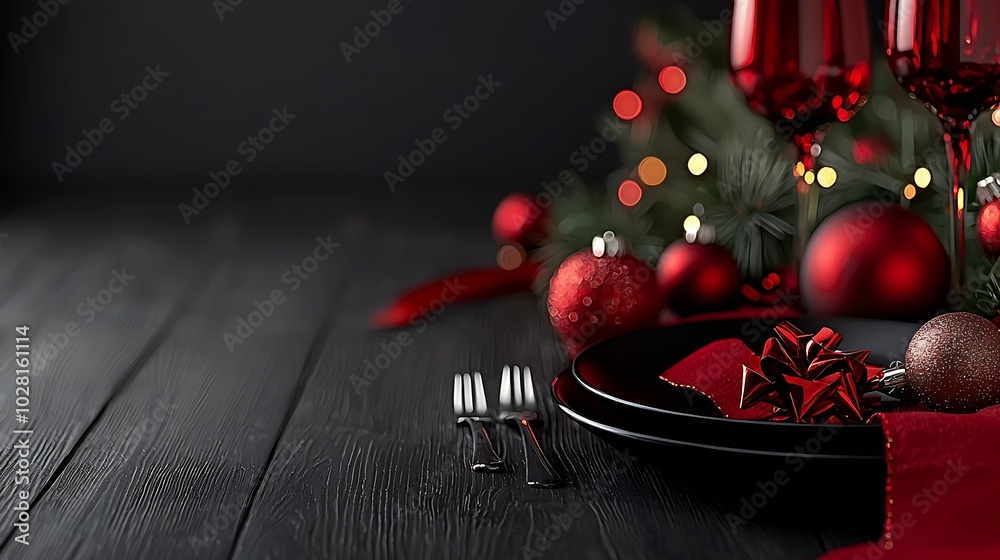 Poster christmas new year celebration place table setting wooden background copy space top view : generativ