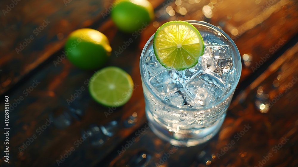 Poster gin tonic in glass with ice and lime slice on a wooden background selective focus : generative ai