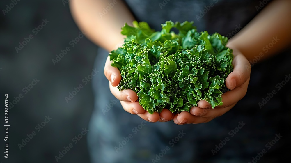 Poster kale salad leaf in kids hands grey background copy space : generative ai