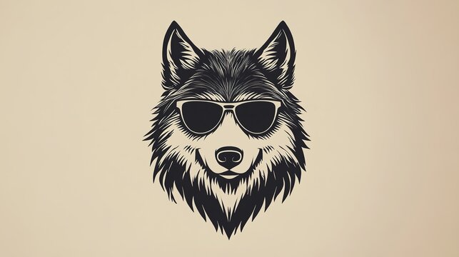 Stylized wolf logo for barbershop, featuring an edgy wolf with sunglasses in a modern, bold design. This unique wolf logo combines elements of strength, coolness, and attitude,