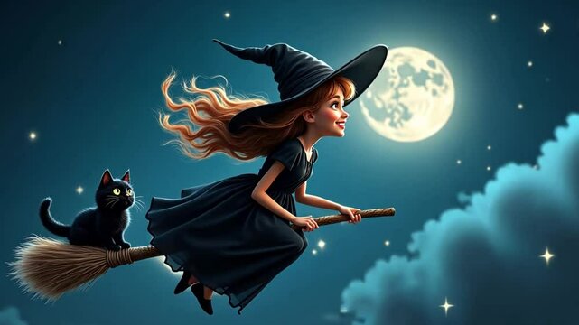 A witch on a broomstick at night. She has a black cat and there are stars and a moon. The witch is in a black dress and hat.