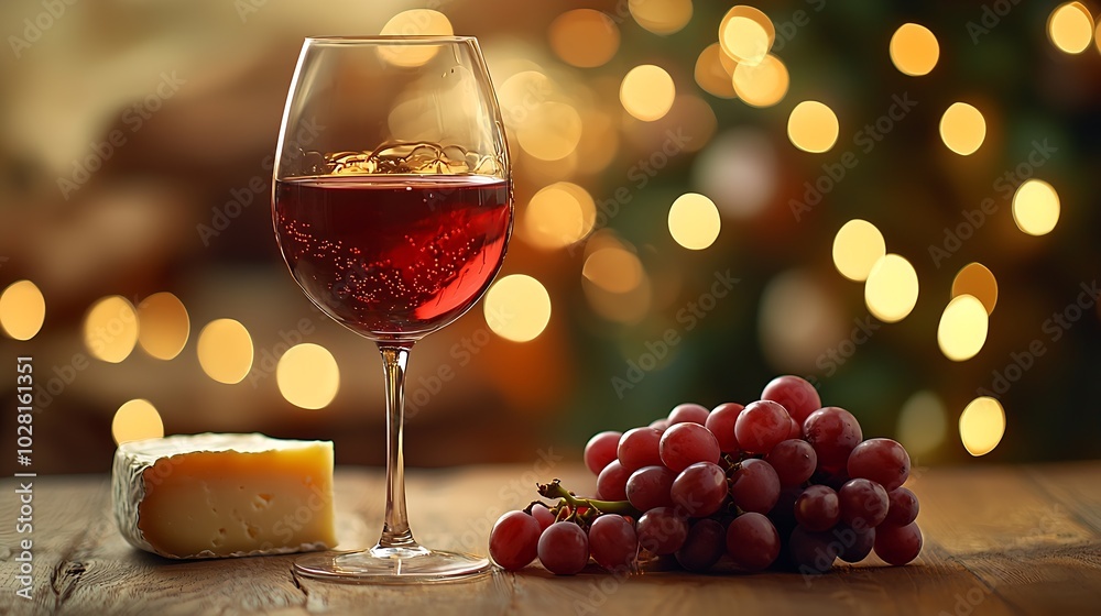 Poster glass of red wine with fresh grape and cheese on wooden table : generative ai
