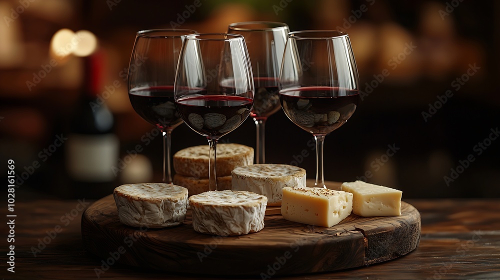Poster cheese assortment with red wine in glasses stone and wood background copy space : generative ai
