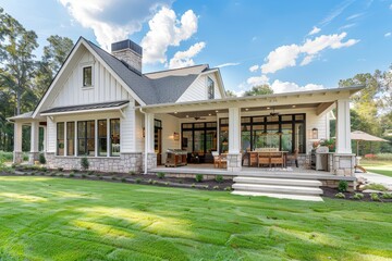 Fototapeta premium Beautiful new construction home in Georgia featuring a large front porch, outdoor kitchen, fire pit, and light grey shingle roof with green grass yard.