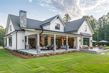 Fototapeta premium Beautiful new construction home in Georgia featuring a large front porch, outdoor kitchen, fire pit, and light grey shingle roof with green grass yard.