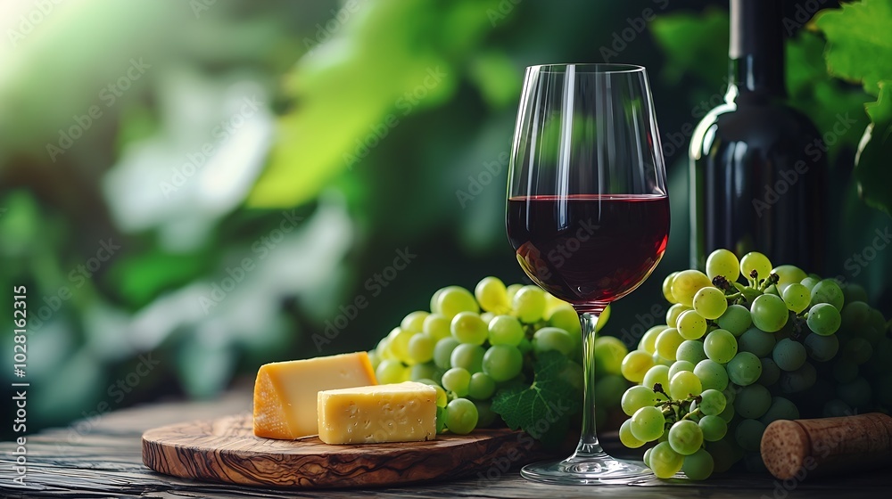 Poster glass of red wine with fresh grape and cheese on wooden table : generative ai