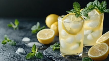 Fototapeta premium Lemonade lemon mint cocktail in glasses and jug Grey background : Generative AI
